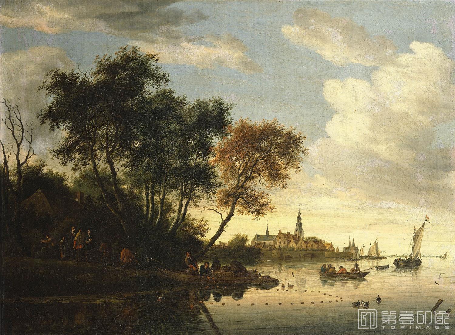 油画-美国弗里克美术馆藏画-Salomon van Ruysdael - River Scene Men Dragging a Net, c. 1667-178